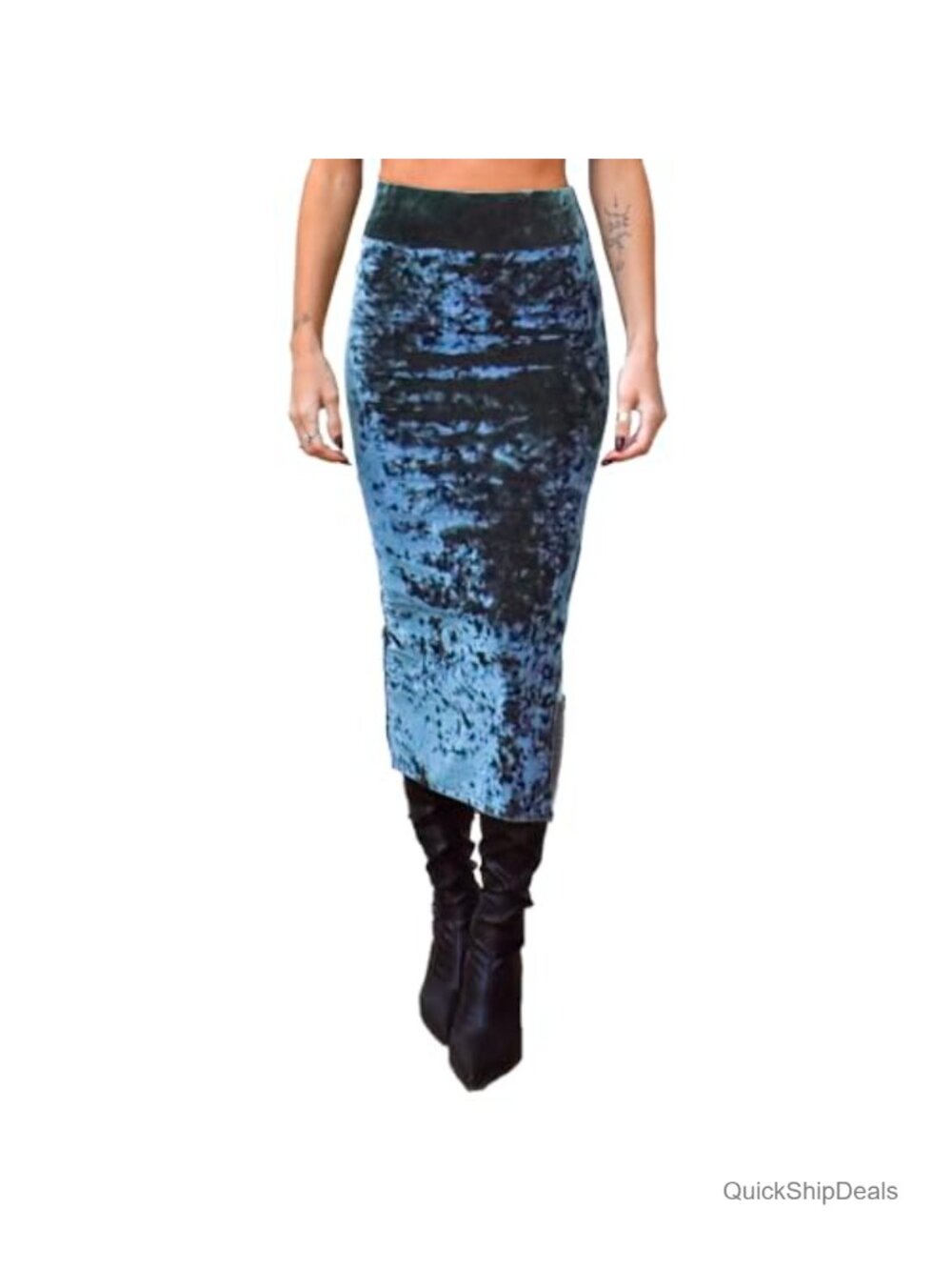 Crushed Velvet High Waisted Bodycon Midi Pencil Skirt with Slit